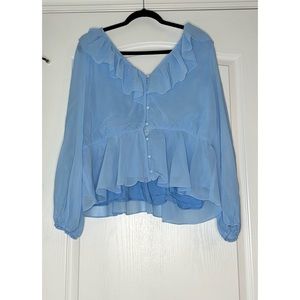 PreLoved OHS Light Blur Blouse Plus Size 2XL W Crisscross and Metallic Detail